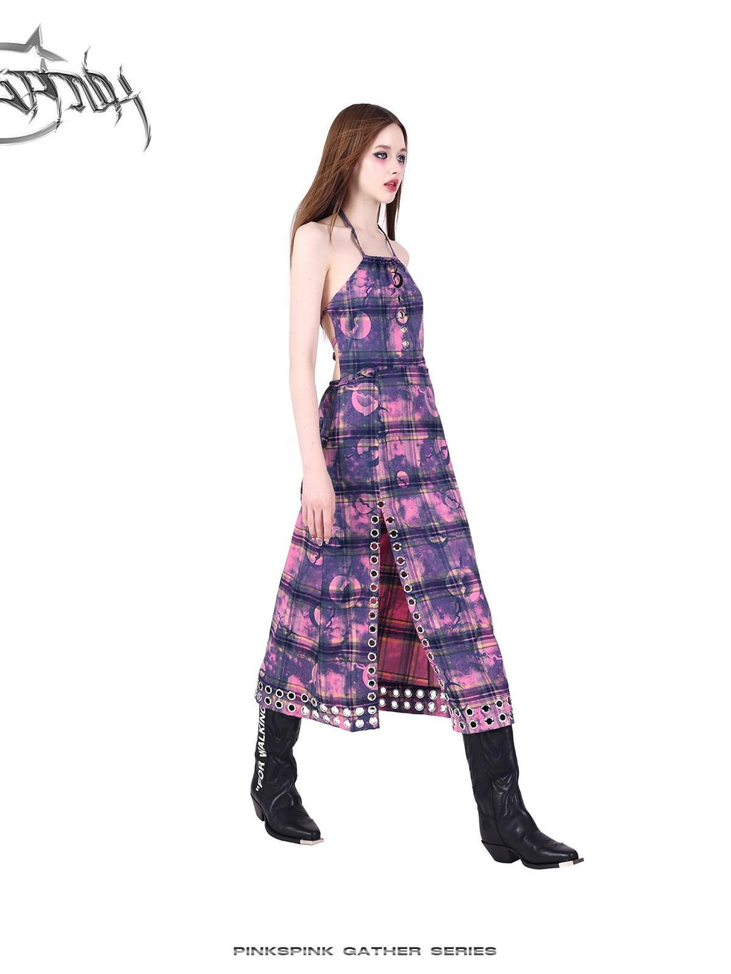 PINKSPINK Dusty Pink Cutout Metal Check Tie Women's Cotton Halter Maxi Dresses