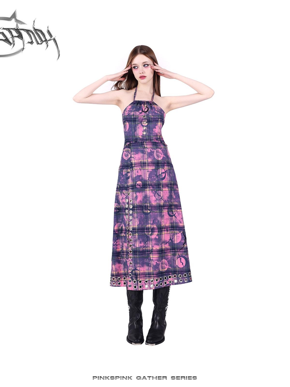 PINKSPINK Dusty Pink Cutout Metal Check Tie Women's Cotton Halter Maxi Dresses