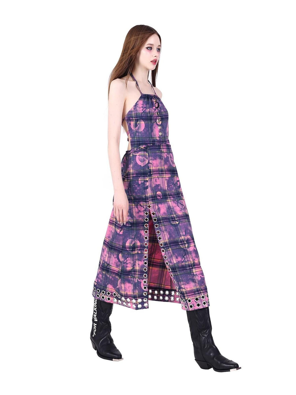 PINKSPINK Dusty Pink Cutout Metal Check Tie Women's Cotton Halter Maxi Dresses