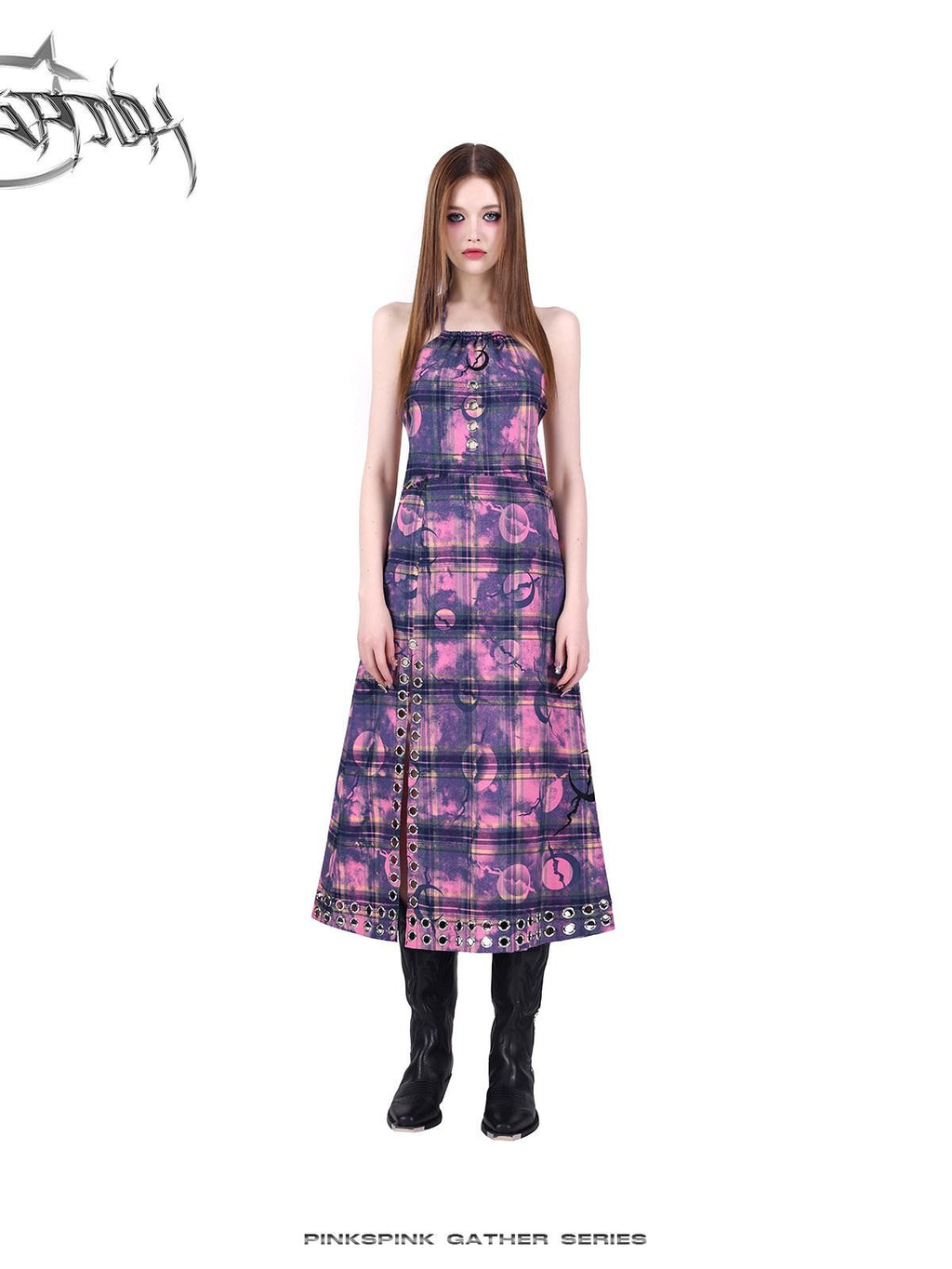 PINKSPINK Dusty Pink Cutout Metal Check Tie Women's Cotton Halter Maxi Dresses