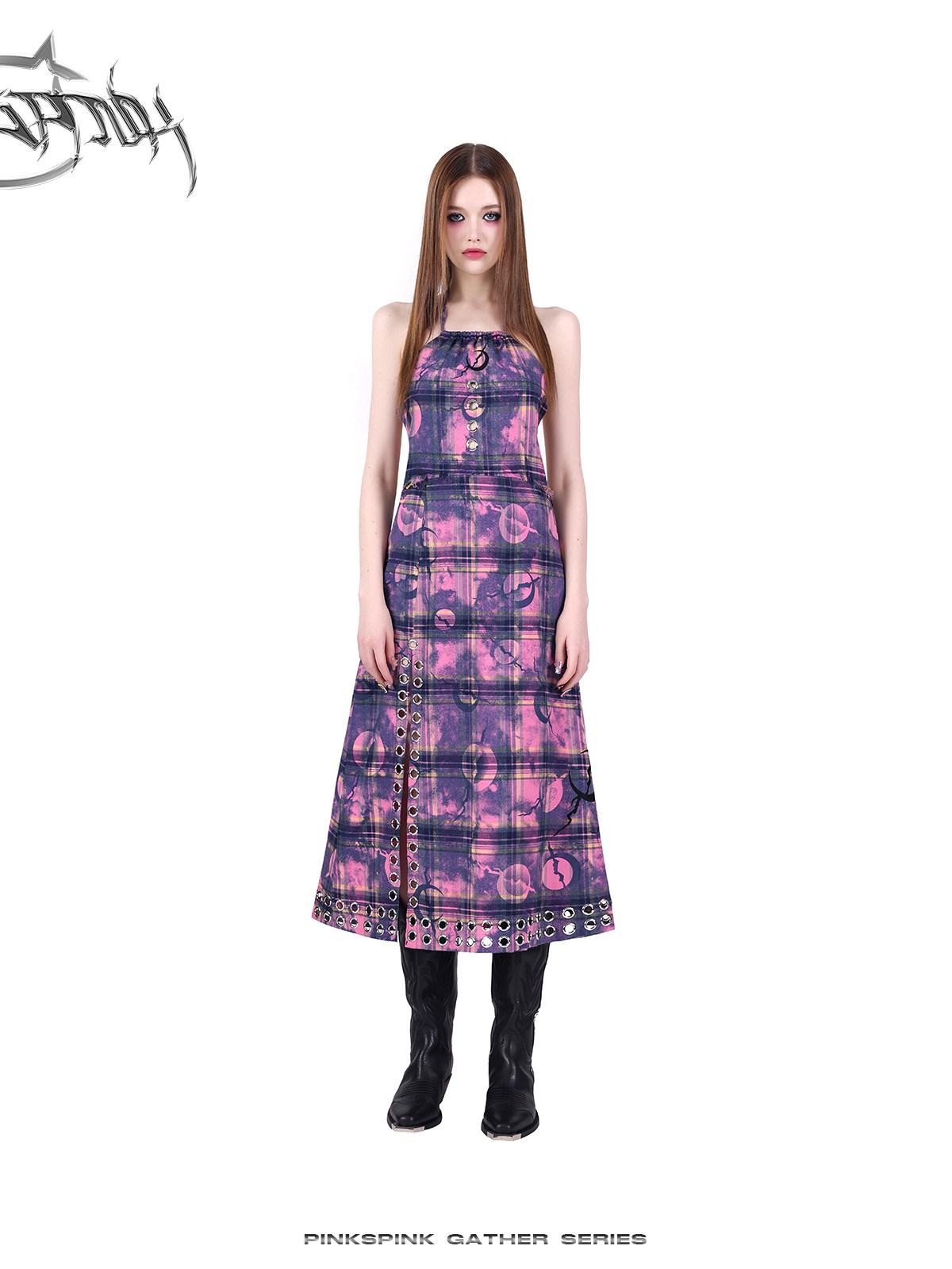 PINKSPINK Dusty Pink Cutout Metal Check Tie Women's Cotton Halter Maxi Dresses