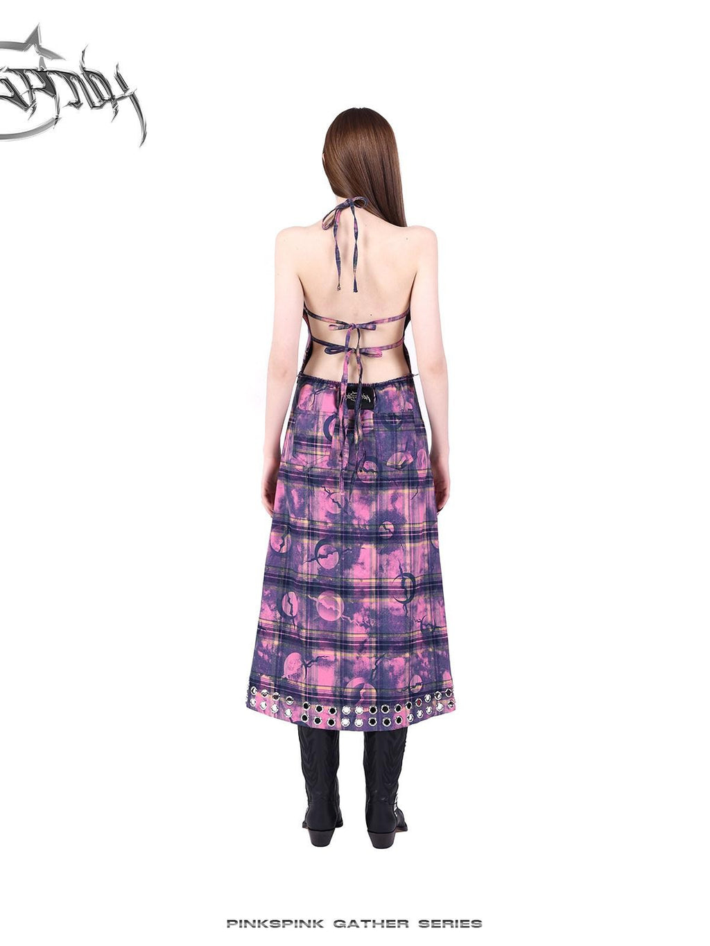 PINKSPINK Dusty Pink Cutout Metal Check Tie Women's Cotton Halter Maxi Dresses