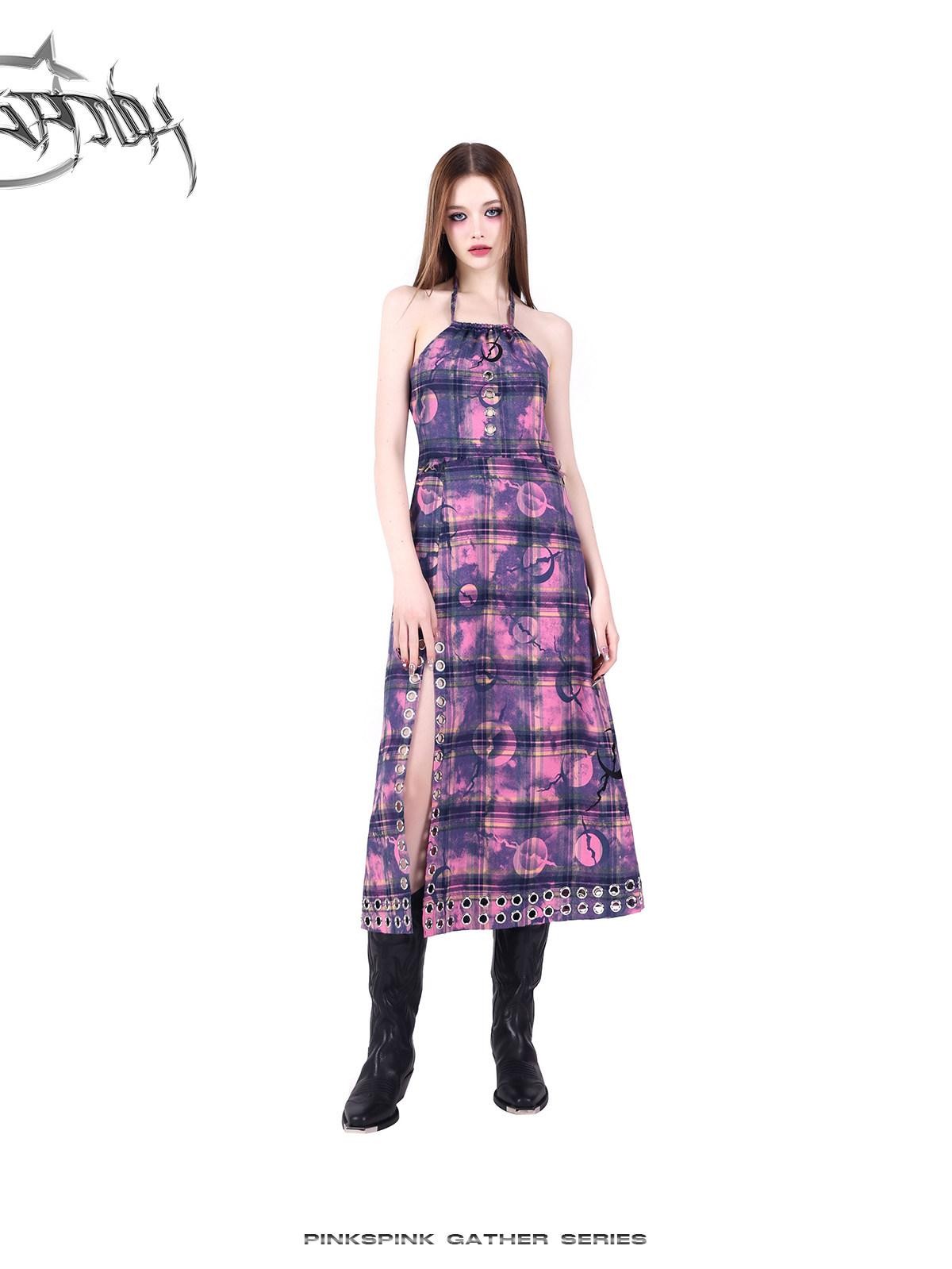 PINKSPINK Dusty Pink Cutout Metal Check Tie Women's Cotton Halter Maxi Dresses