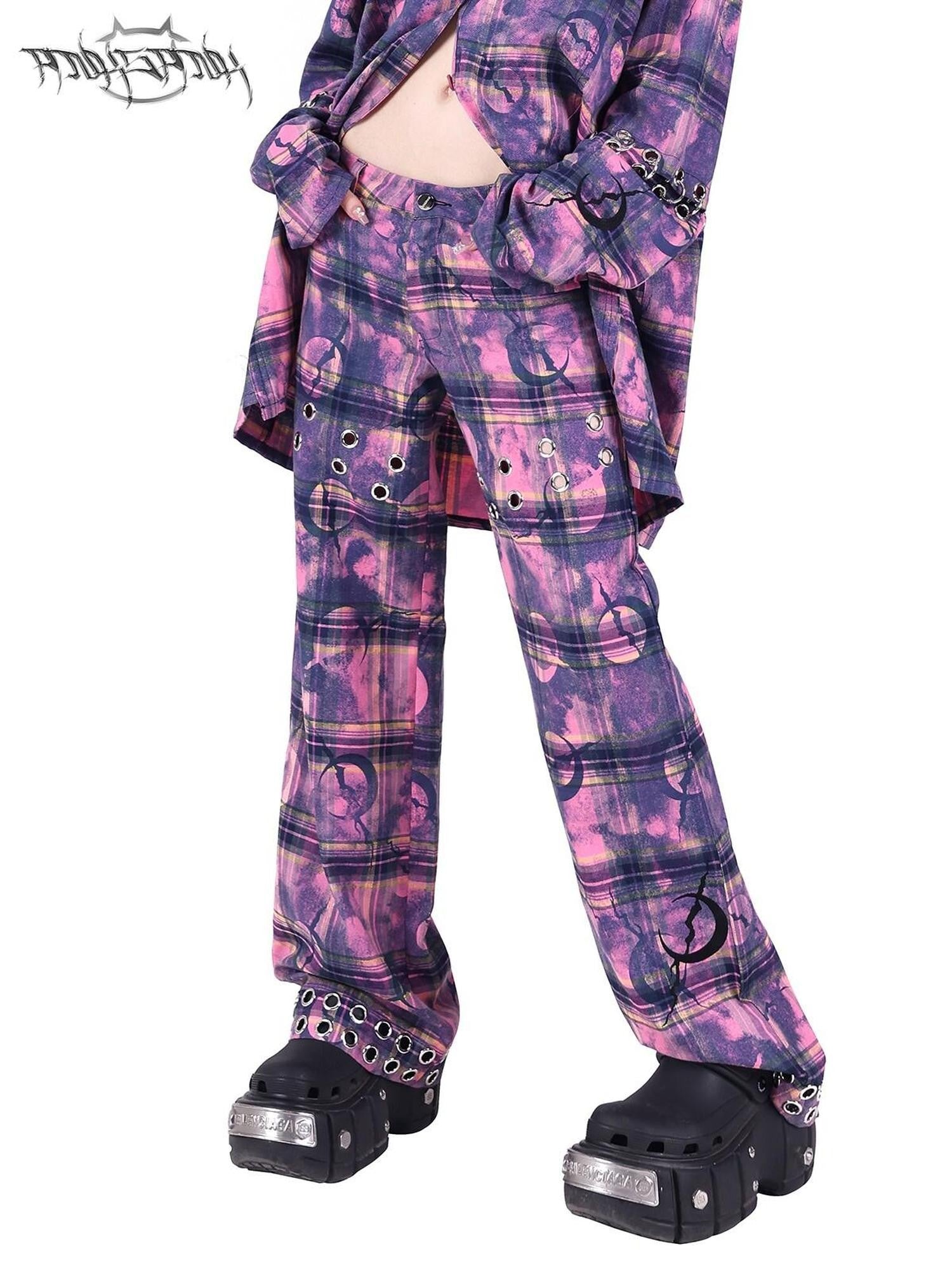 PINKSPINK Dusty Pink Metal Hardware Plaid Zipper Street Women's Straight-leg Pants