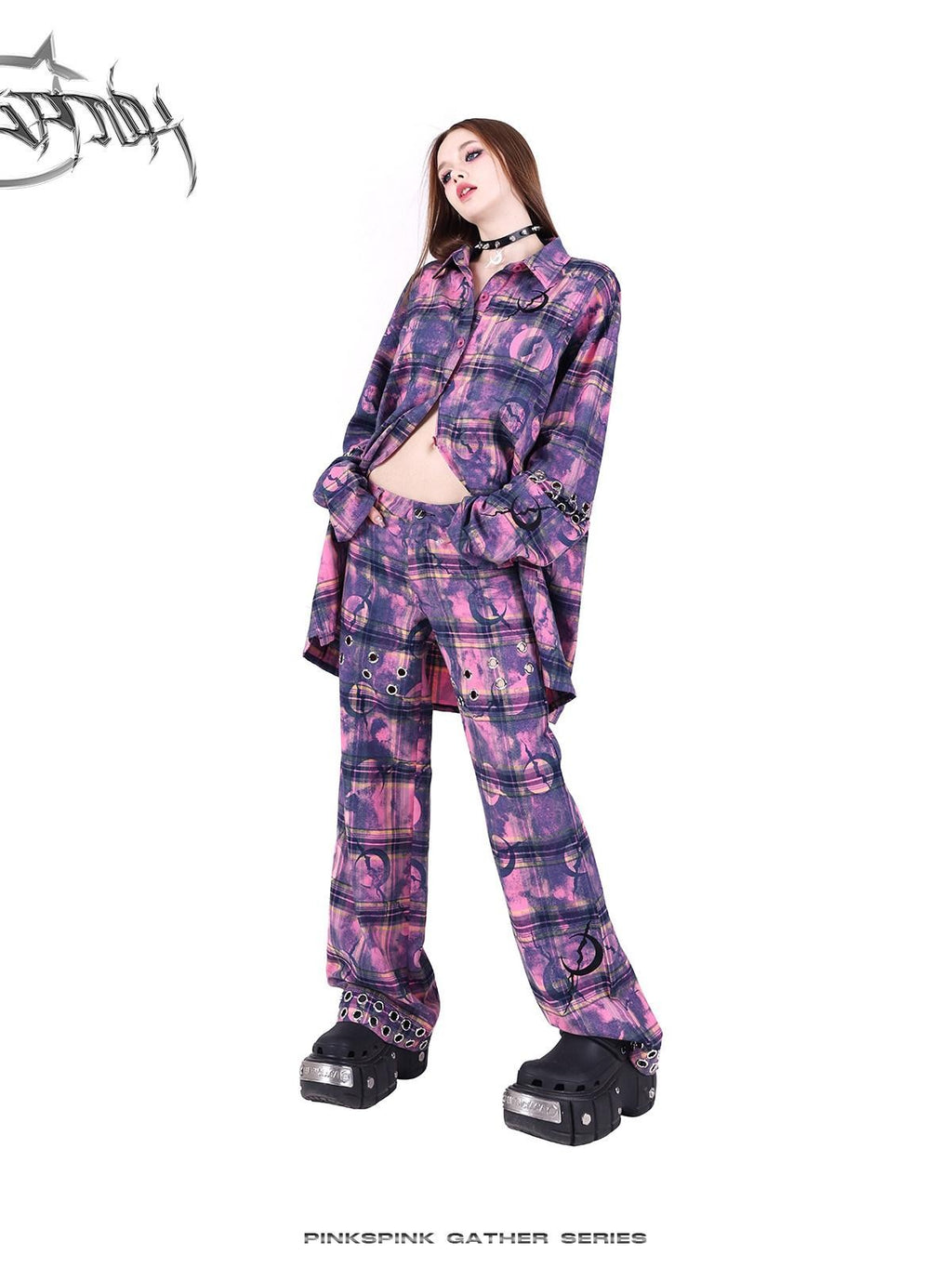 PINKSPINK Dusty Pink Metal Hardware Plaid Zipper Street Women's Straight-leg Pants