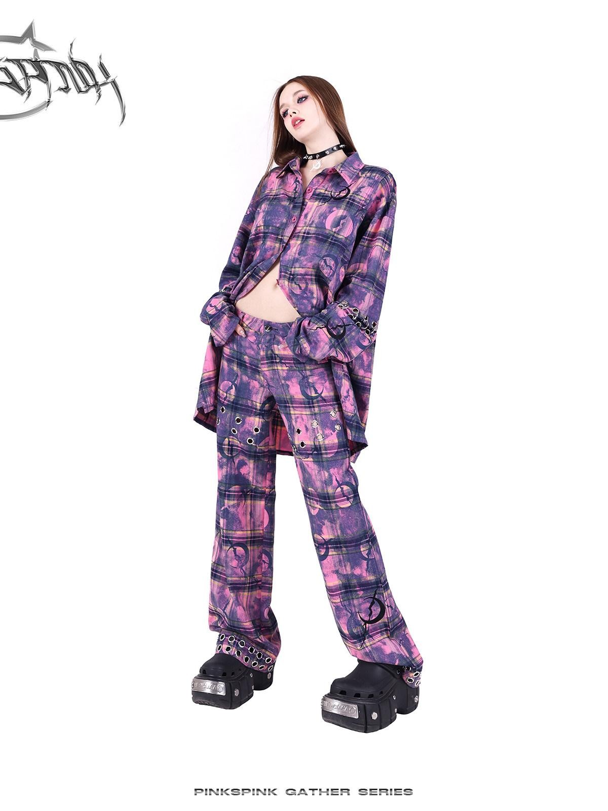 PINKSPINK Dusty Pink Metal Hardware Plaid Zipper Street Women's Straight-leg Pants