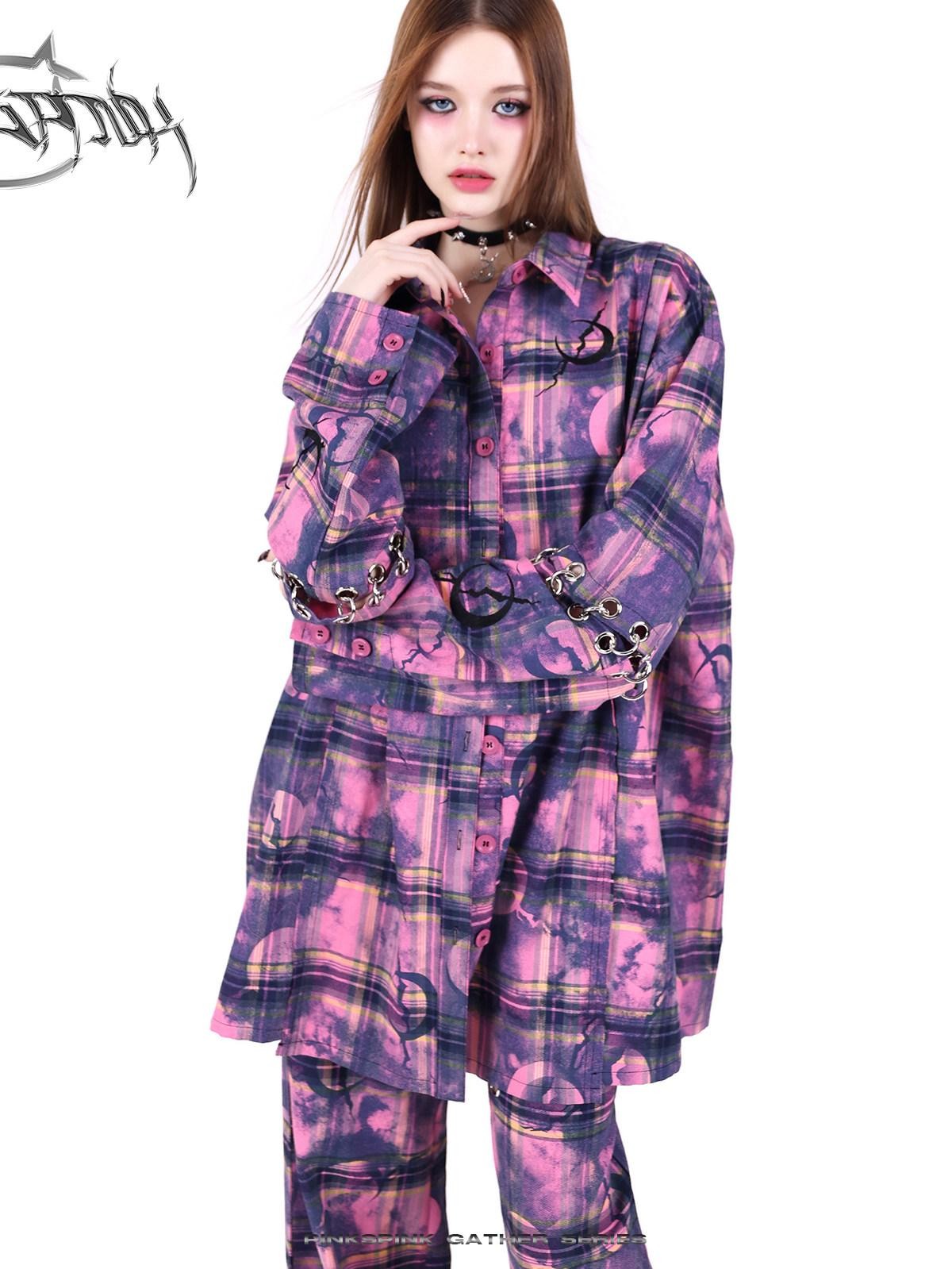 PINKSPINK Dusty Pink Metal Hardware Plaid Zipper Street Women's Straight-leg Pants