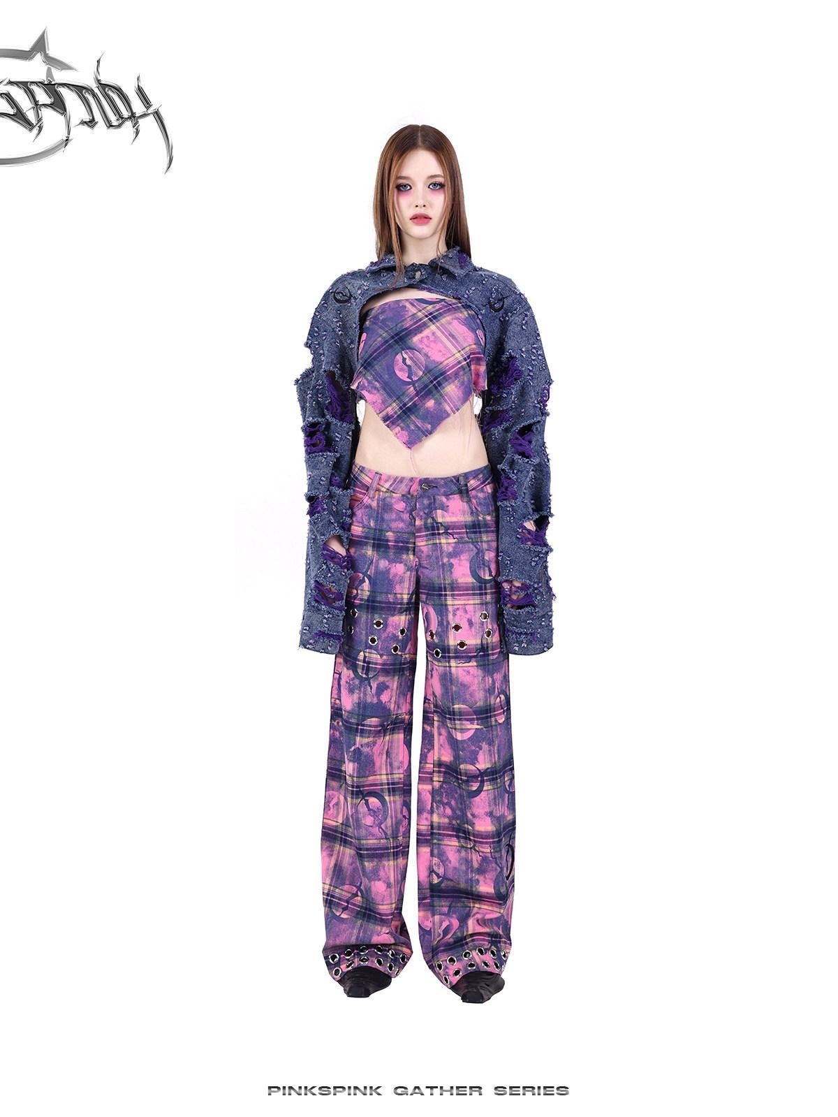 PINKSPINK Dusty Pink Metal Hardware Plaid Zipper Street Women's Straight-leg Pants