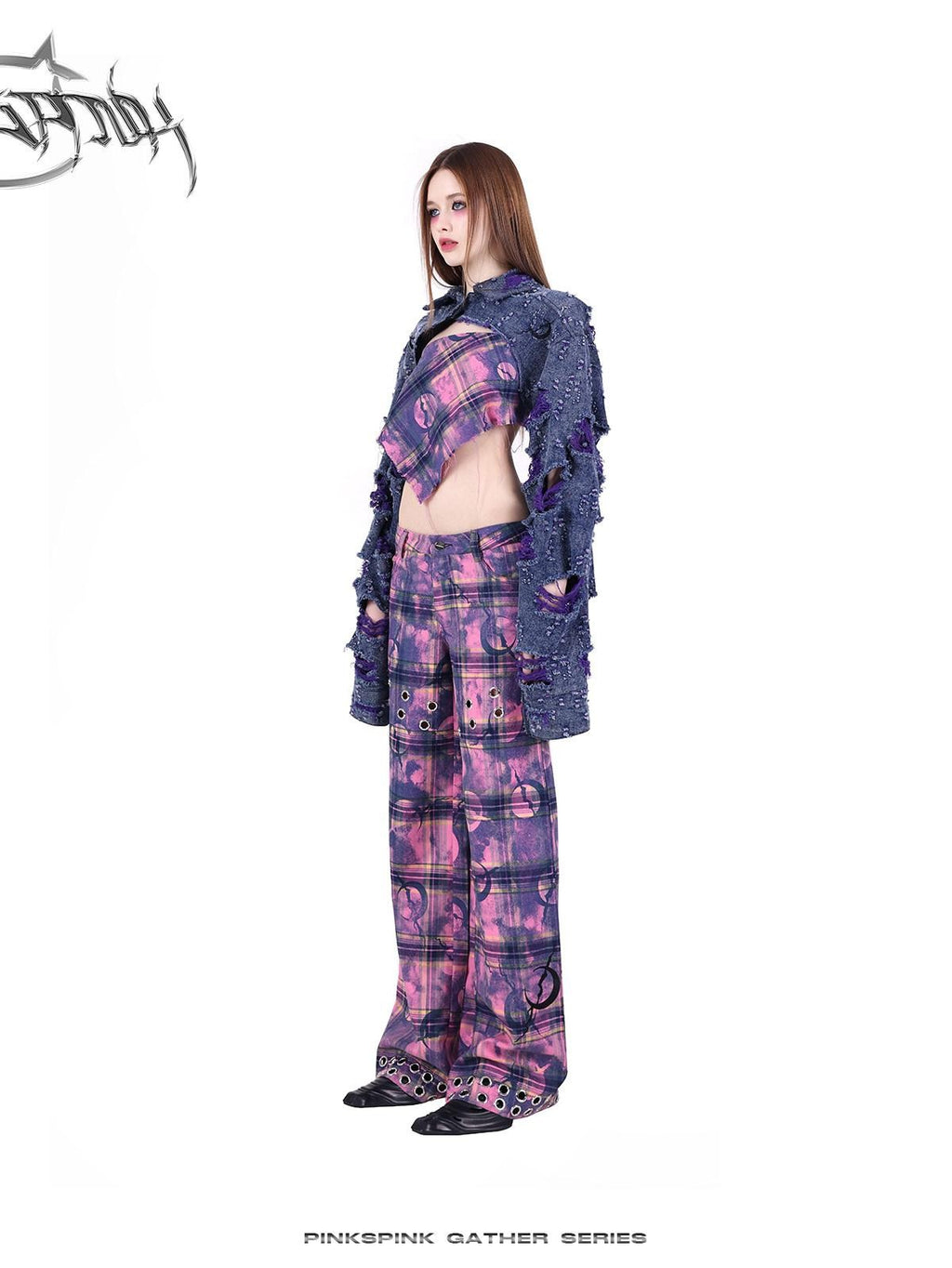 PINKSPINK Dusty Pink Metal Hardware Plaid Zipper Street Women's Straight-leg Pants