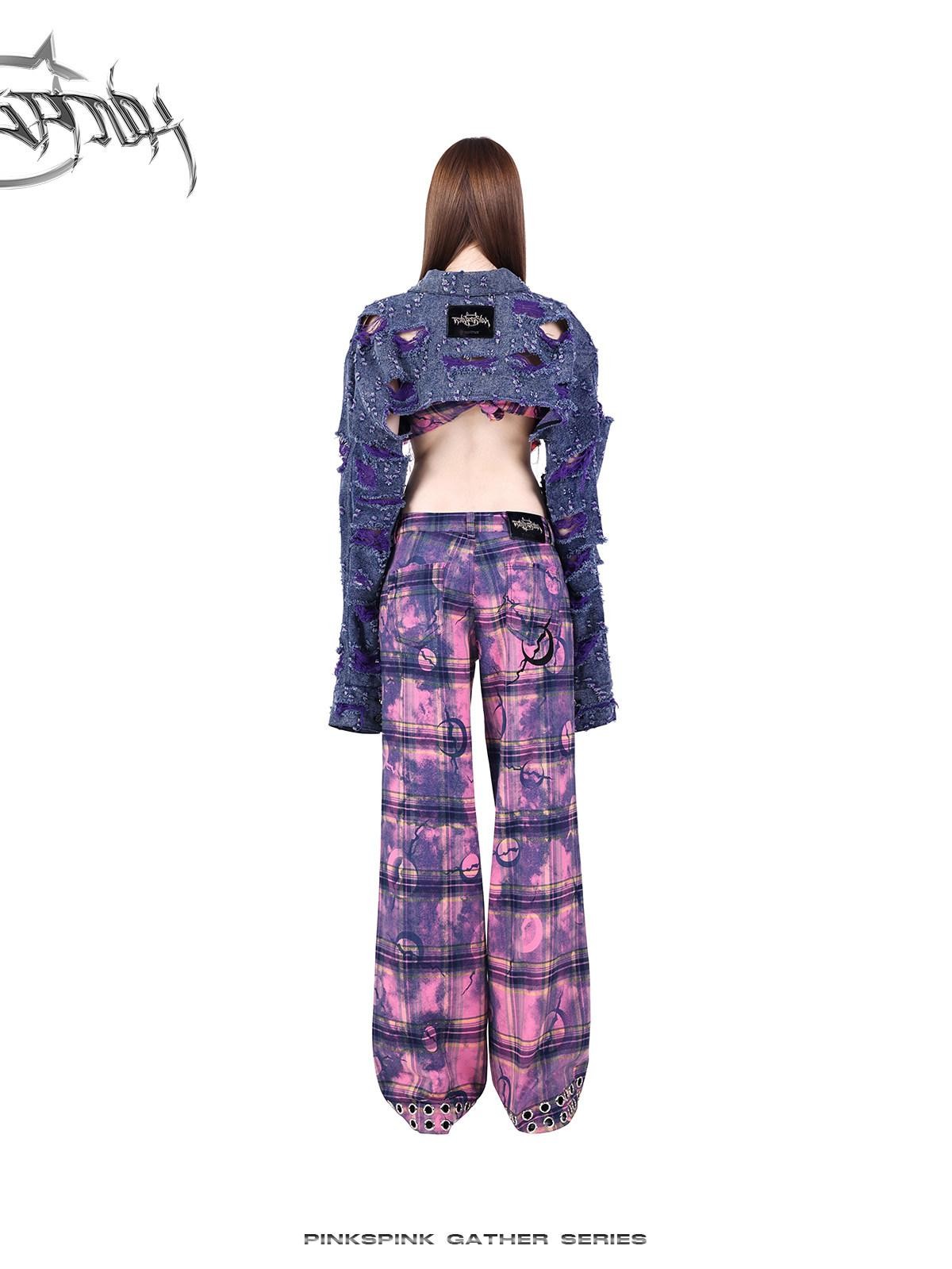 PINKSPINK Dusty Pink Metal Hardware Plaid Zipper Street Women's Straight-leg Pants