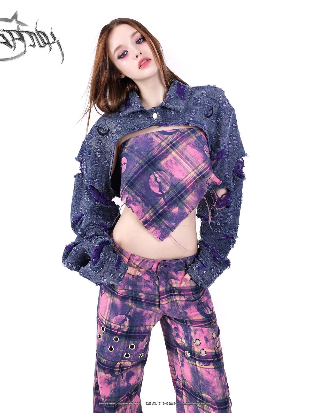 PINKSPINK Dusty Pink Metal Hardware Plaid Zipper Street Women's Straight-leg Pants