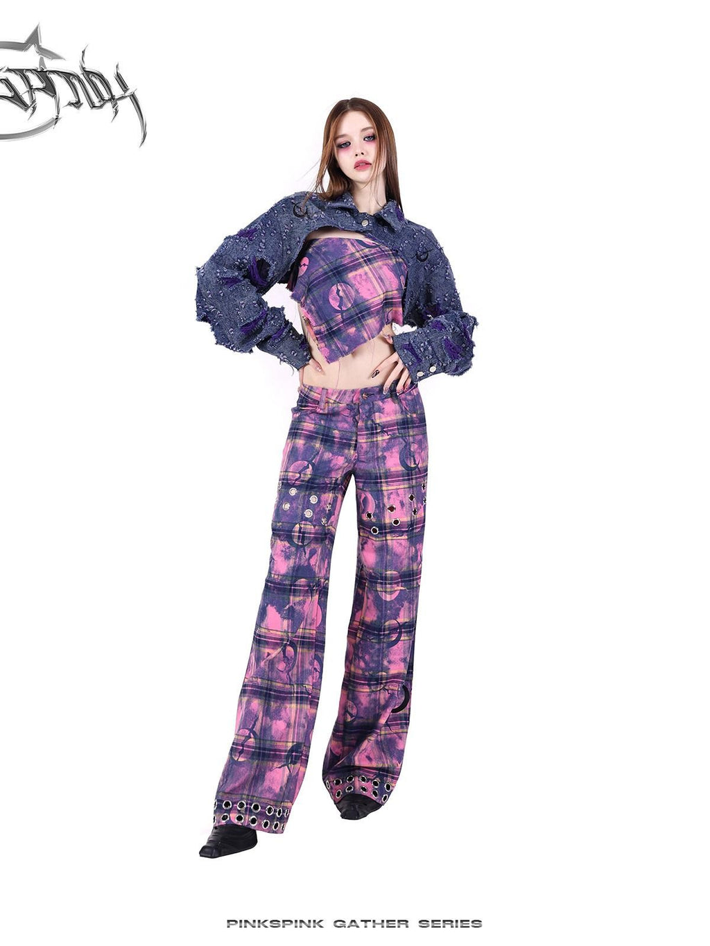 PINKSPINK Dusty Pink Metal Hardware Plaid Zipper Street Women's Straight-leg Pants
