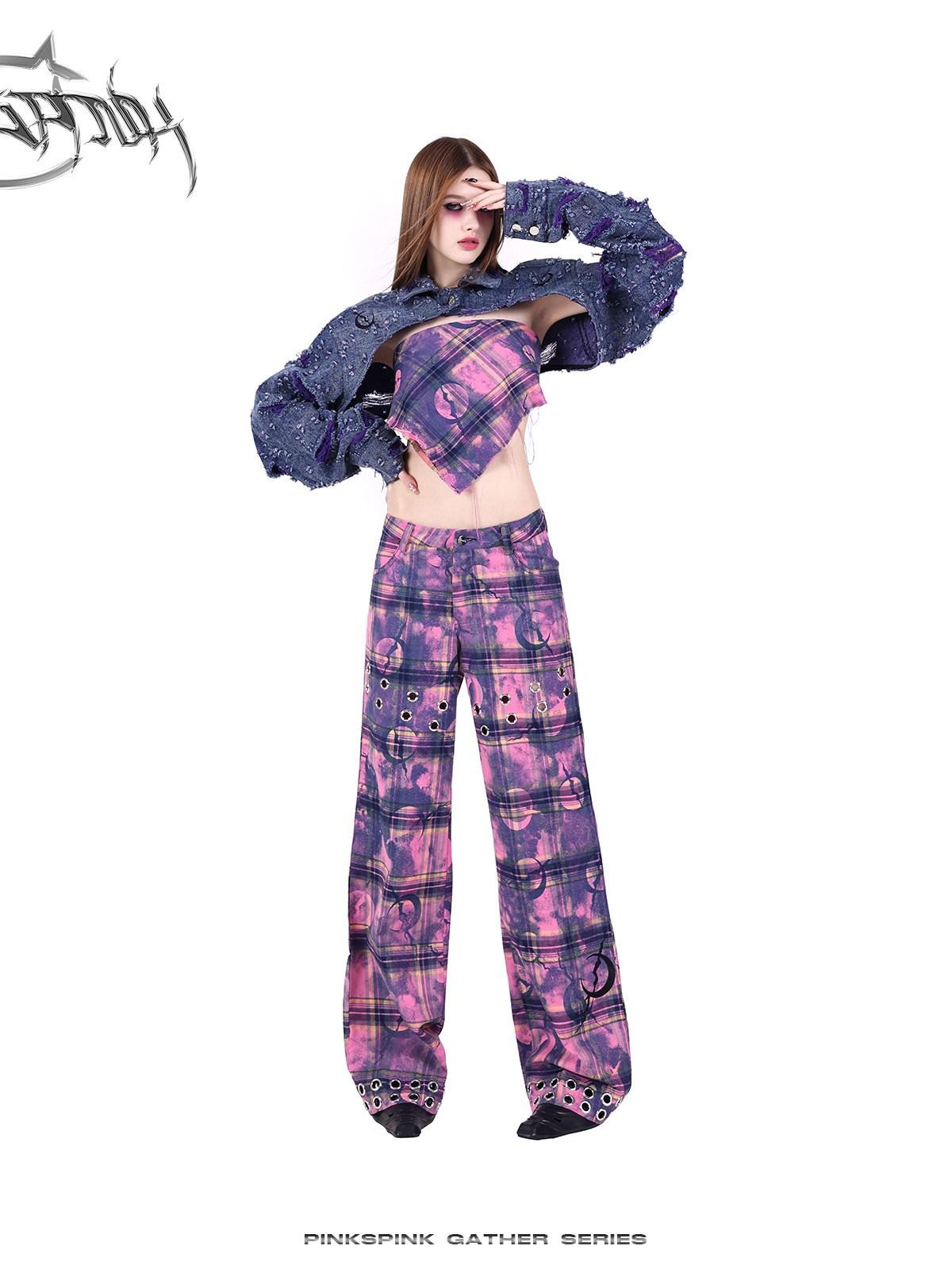 PINKSPINK Dusty Pink Metal Hardware Plaid Zipper Street Women's Straight-leg Pants