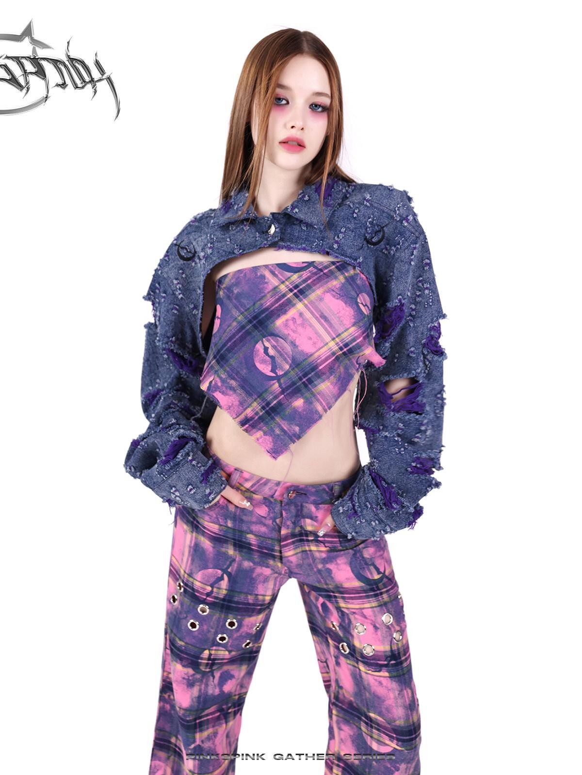 PINKSPINK Dusty Pink Metal Hardware Plaid Zipper Street Women's Straight-leg Pants