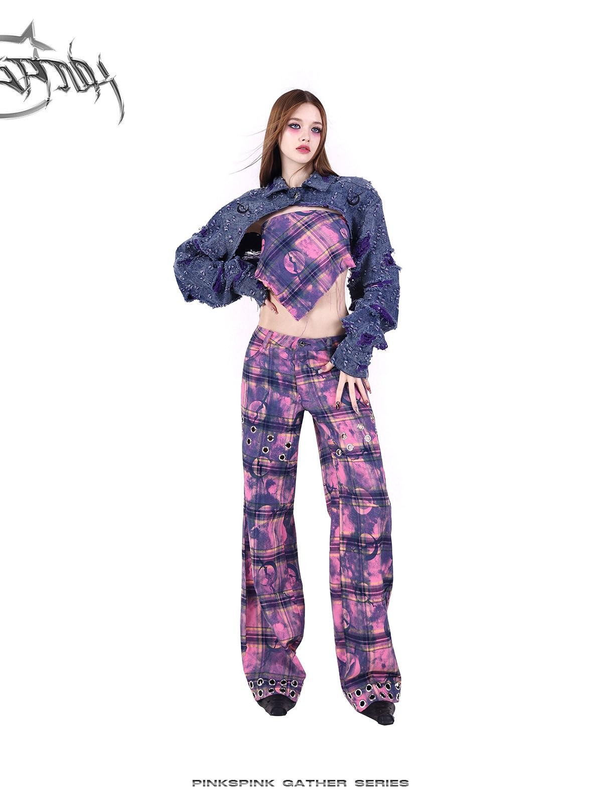 PINKSPINK Dusty Pink Metal Hardware Plaid Zipper Street Women's Straight-leg Pants