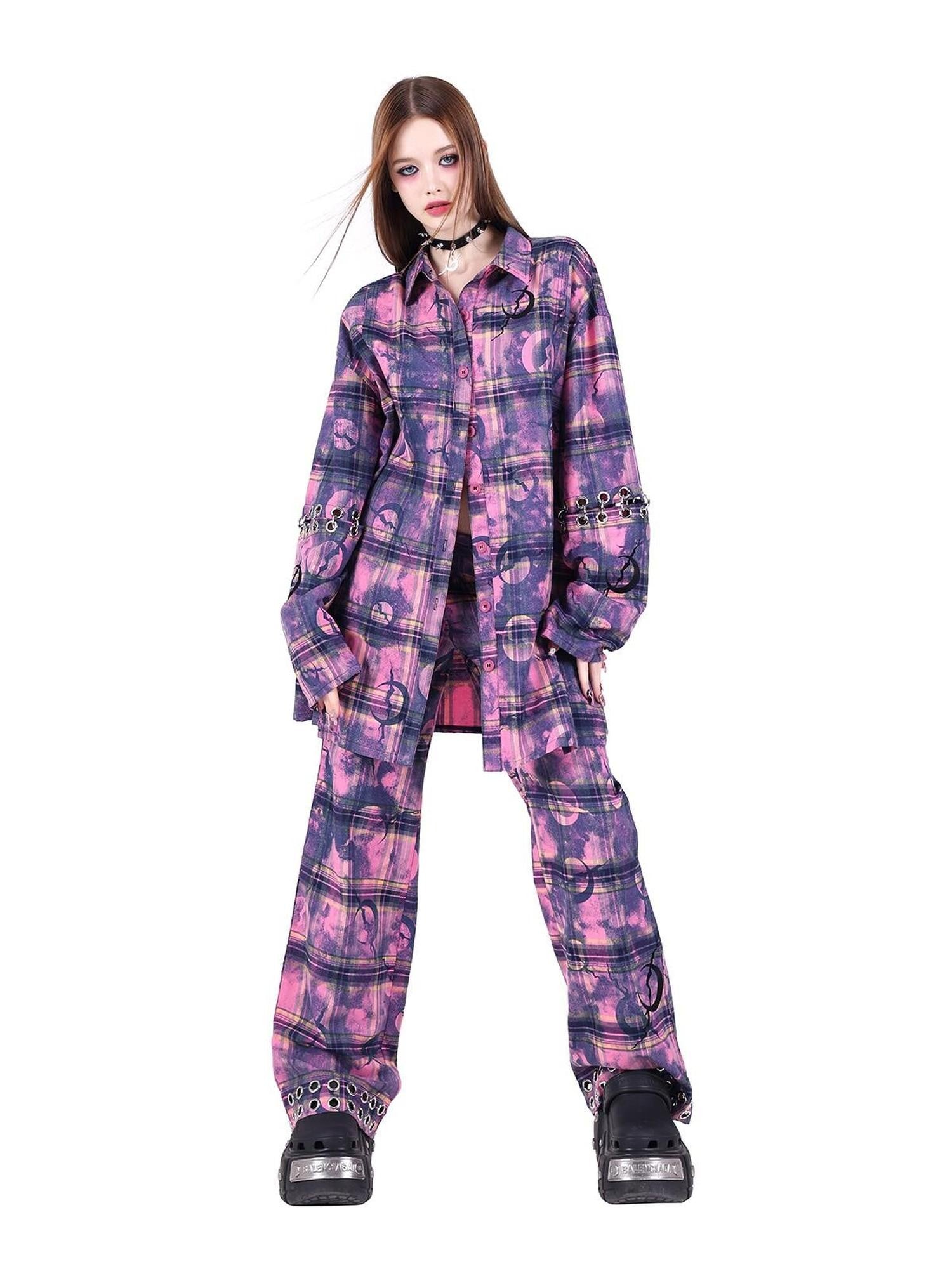 PINKSPINK Dusty Pink Metal Hardware Plaid Zipper Street Women's Straight-leg Pants