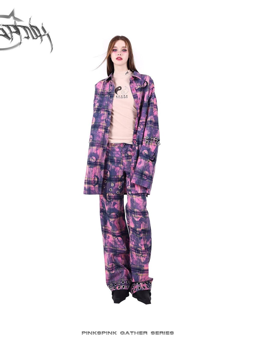 PINKSPINK Dusty Pink Metal Hardware Plaid Zipper Street Women's Straight-leg Pants
