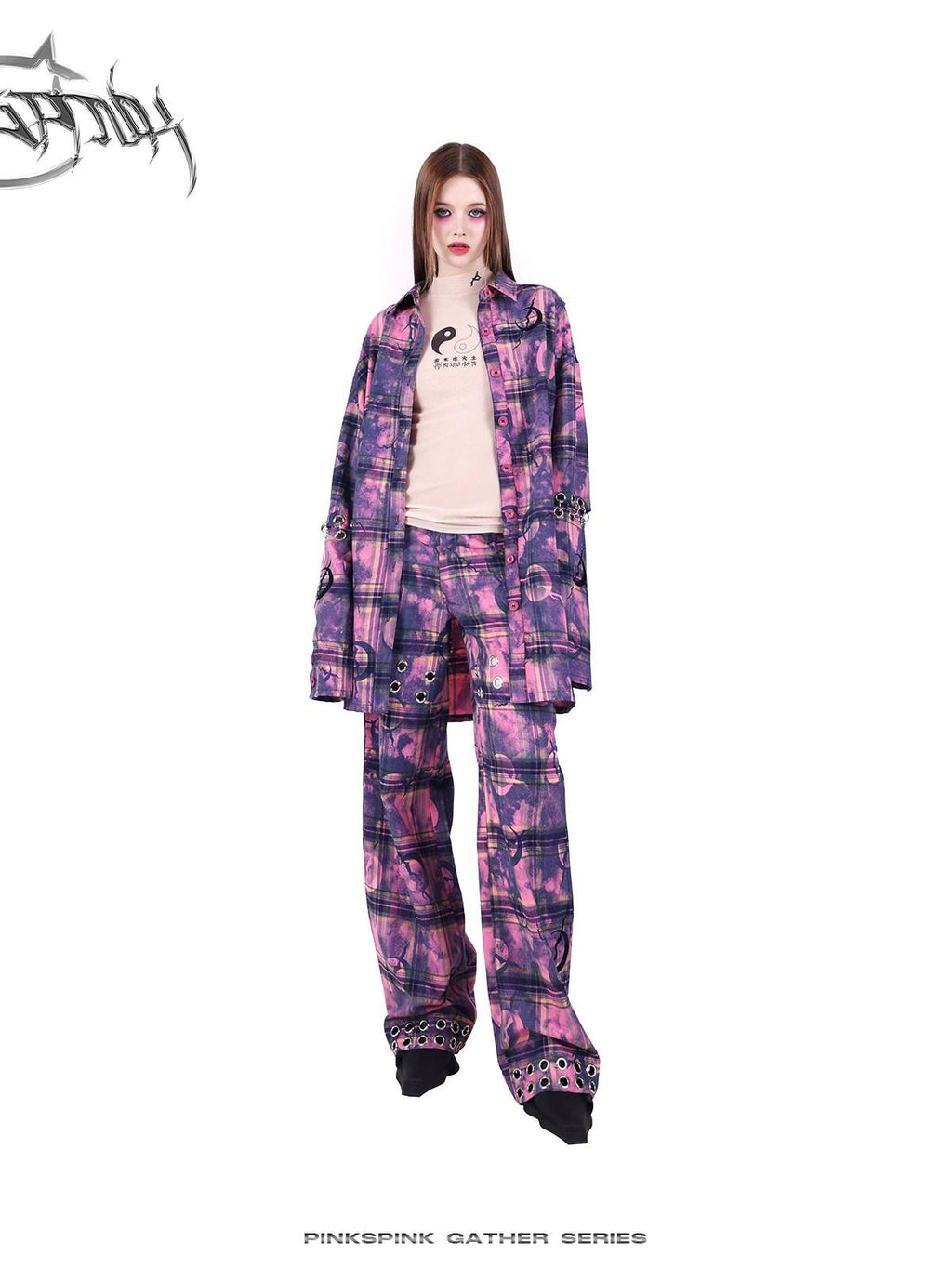PINKSPINK Dusty Pink Metal Hardware Plaid Zipper Street Women's Straight-leg Pants