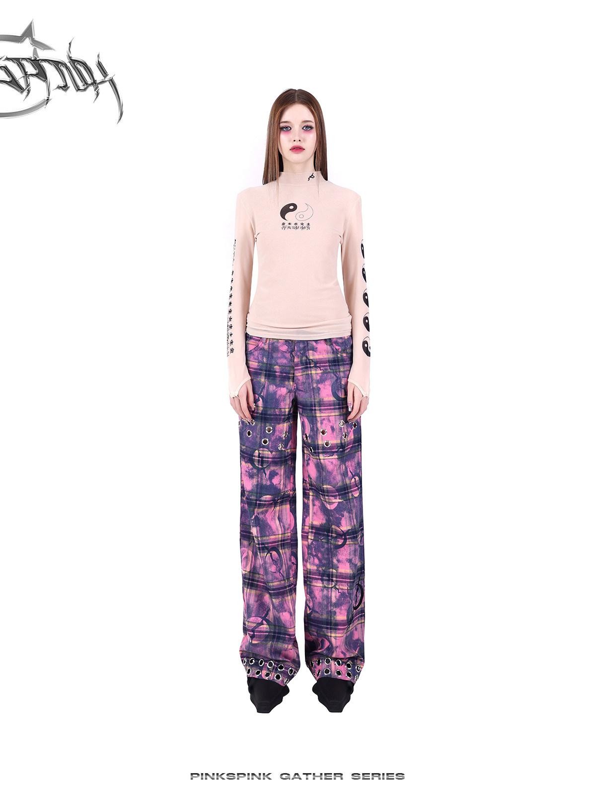 PINKSPINK Dusty Pink Metal Hardware Plaid Zipper Street Women's Straight-leg Pants