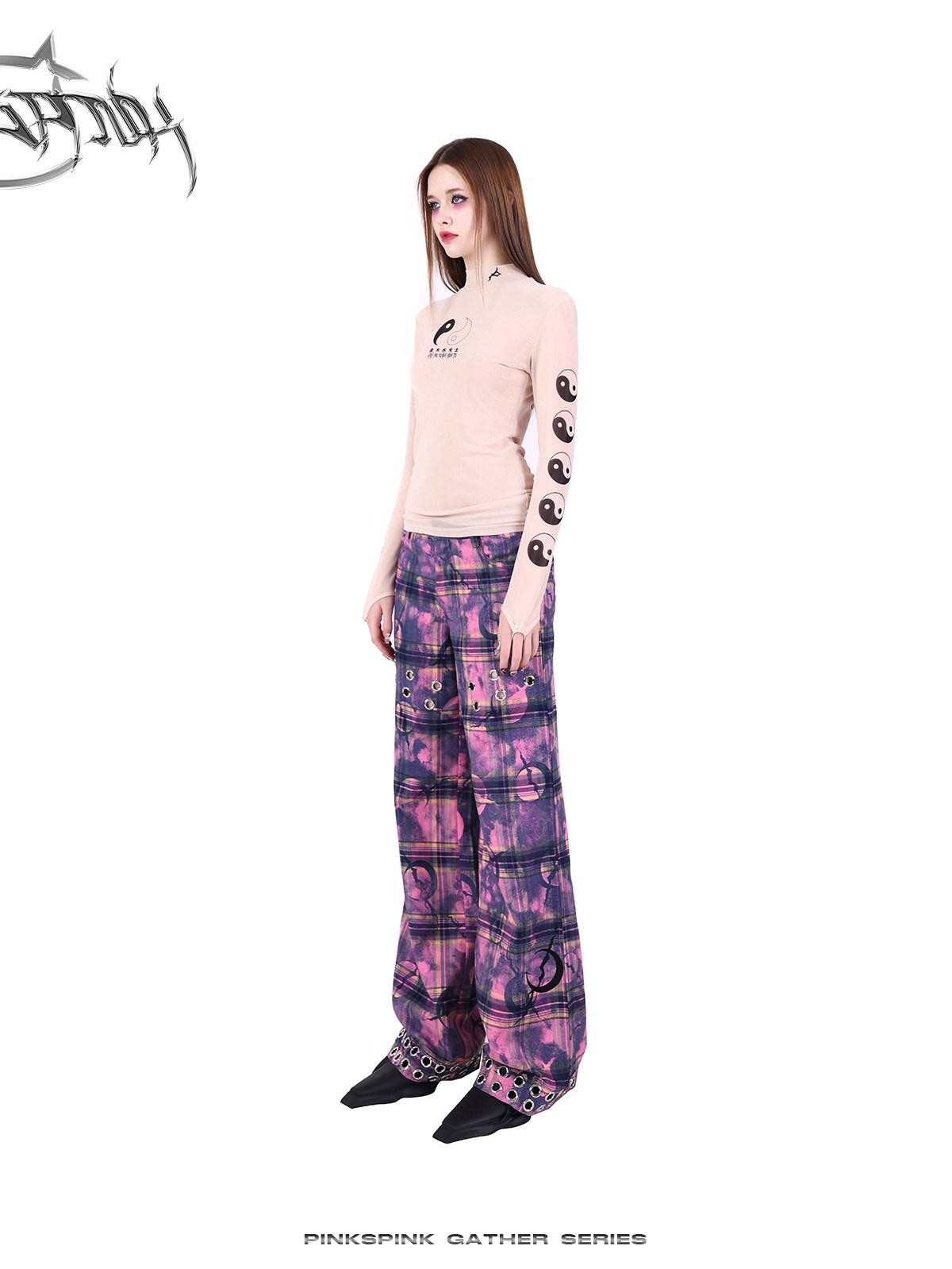 PINKSPINK Dusty Pink Metal Hardware Plaid Zipper Street Women's Straight-leg Pants