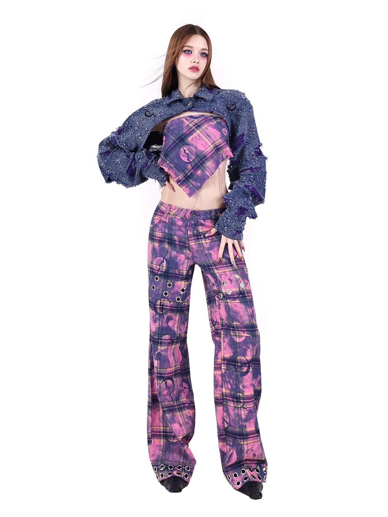 PINKSPINK Dusty Pink Metal Hardware Plaid Zipper Street Women's Straight-leg Pants