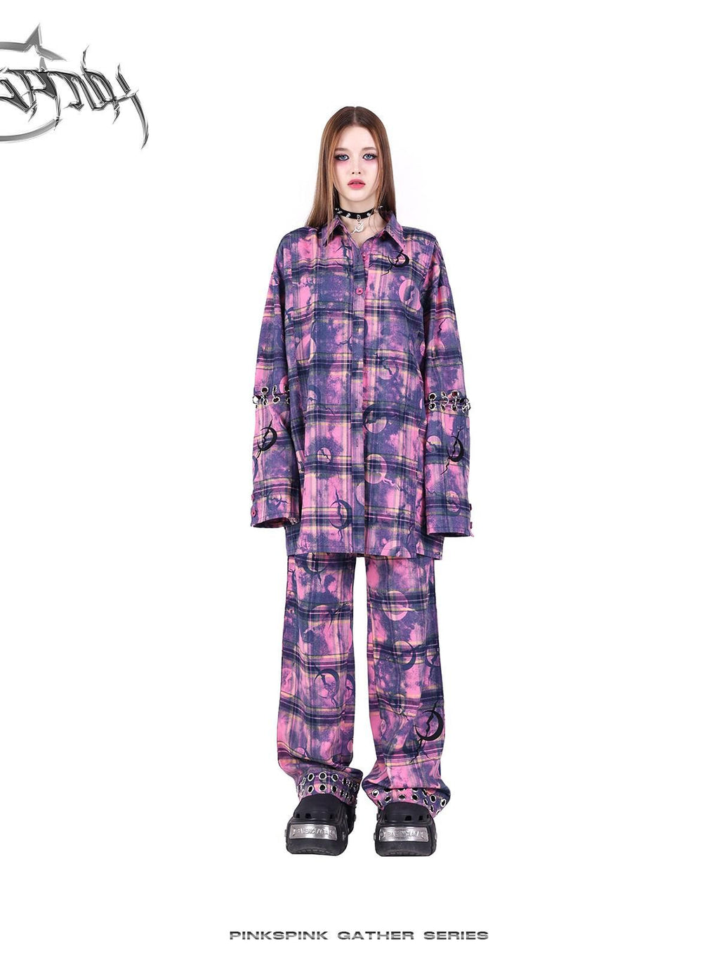 PINKSPINK Dusty Pink Metal Hardware Plaid Zipper Street Women's Straight-leg Pants