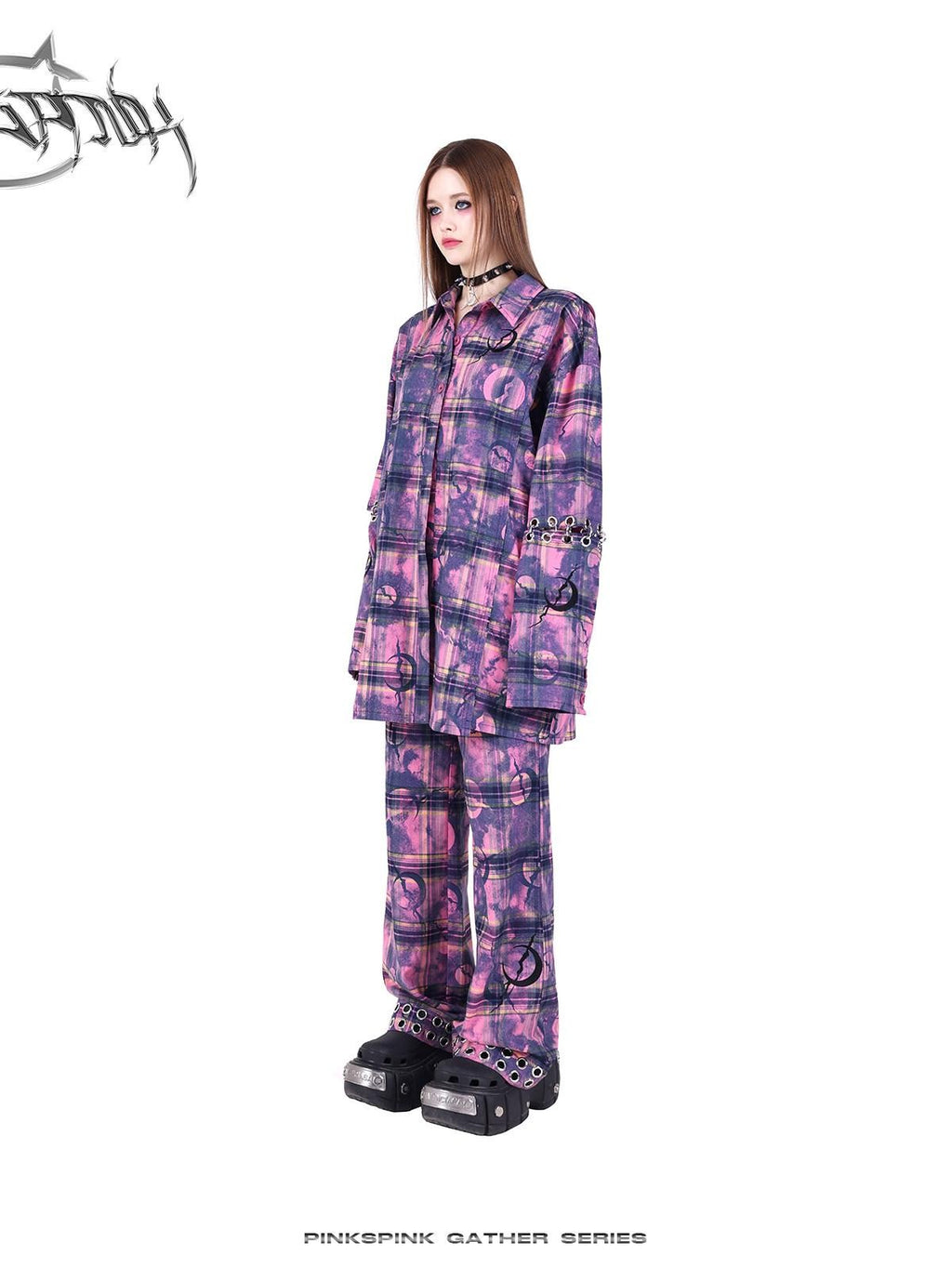 PINKSPINK Dusty Pink Metal Hardware Plaid Zipper Street Women's Straight-leg Pants