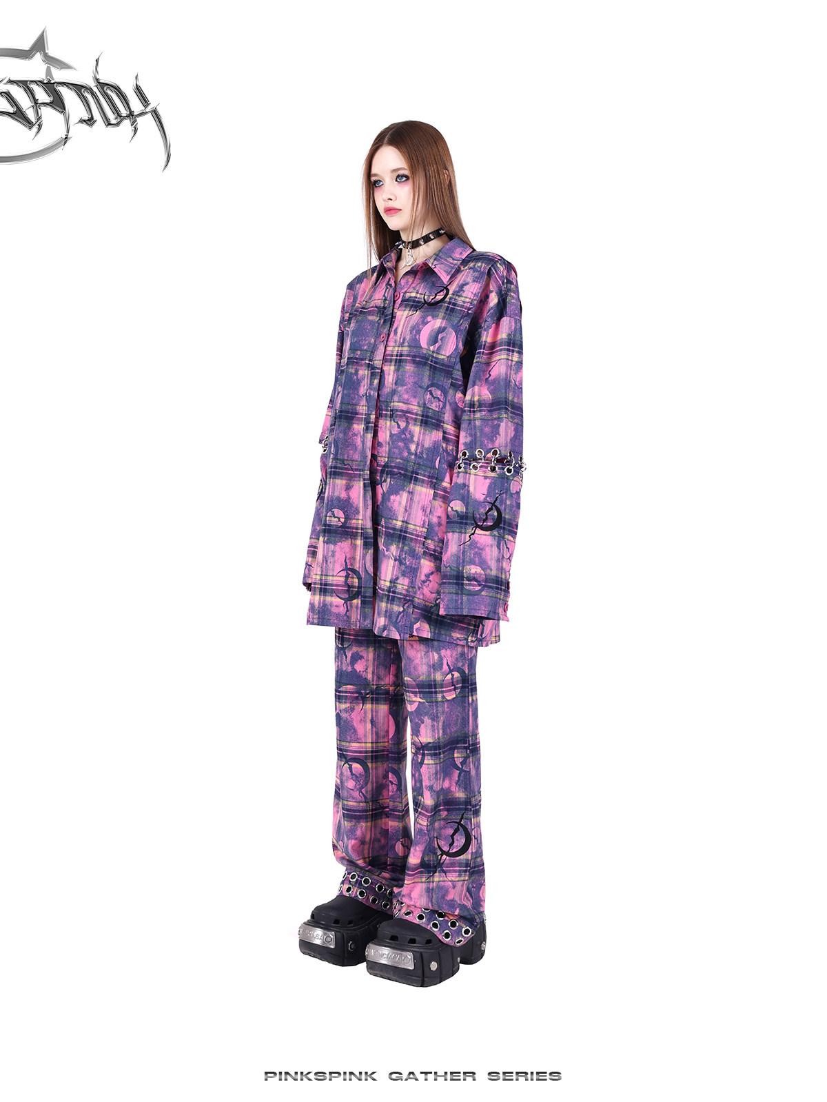 PINKSPINK Dusty Pink Metal Hardware Plaid Zipper Street Women's Straight-leg Pants