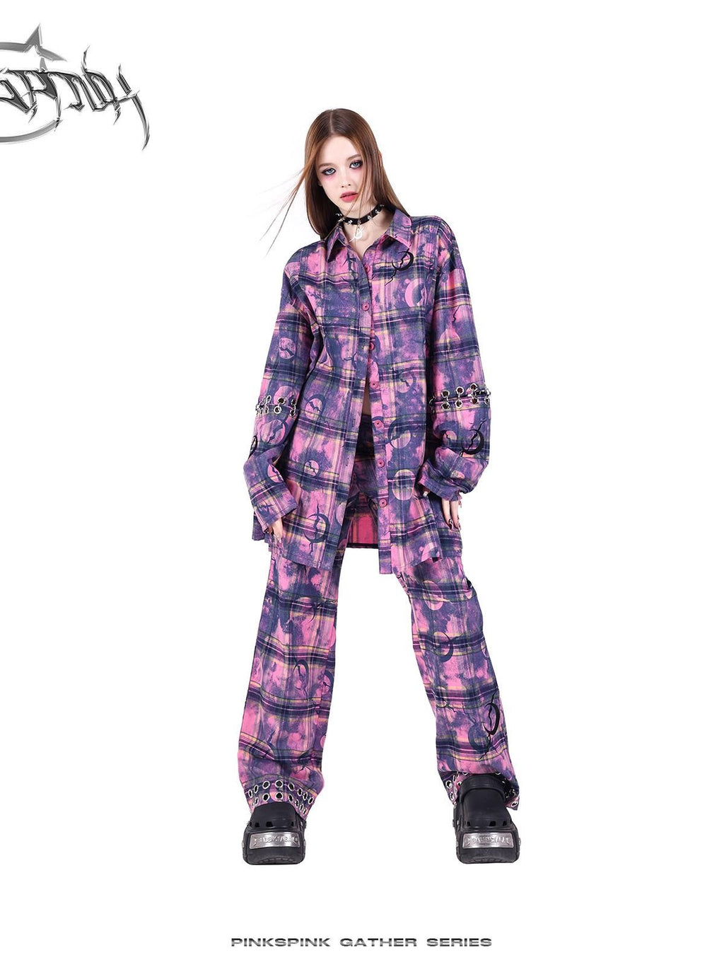 PINKSPINK Dusty Pink Metal Hardware Plaid Zipper Street Women's Straight-leg Pants