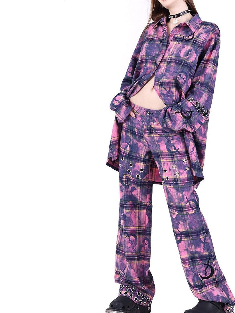 PINKSPINK Dusty Pink Plaid Metallic Structure Zipper Low Rise Women's Straight-leg Pants