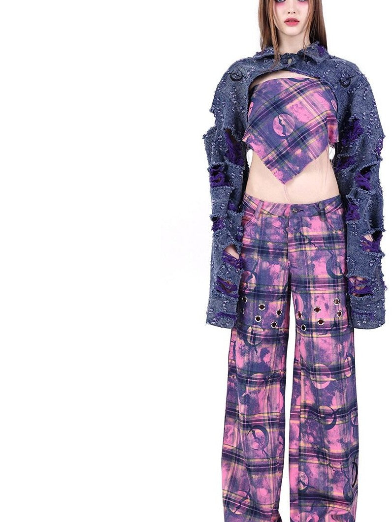 PINKSPINK Dusty Pink Plaid Metallic Structure Zipper Low Rise Women's Straight-leg Pants