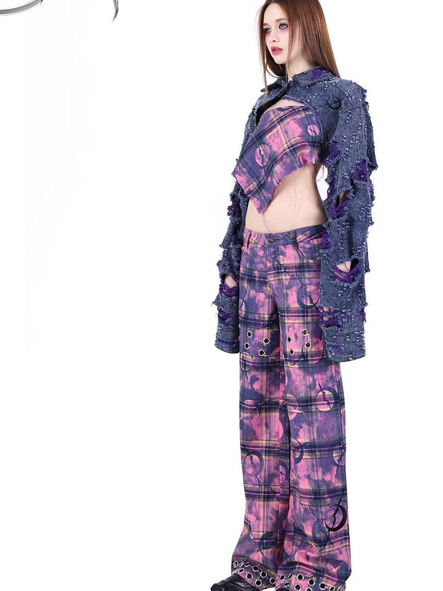 PINKSPINK Dusty Pink Plaid Metallic Structure Zipper Low Rise Women's Straight-leg Pants