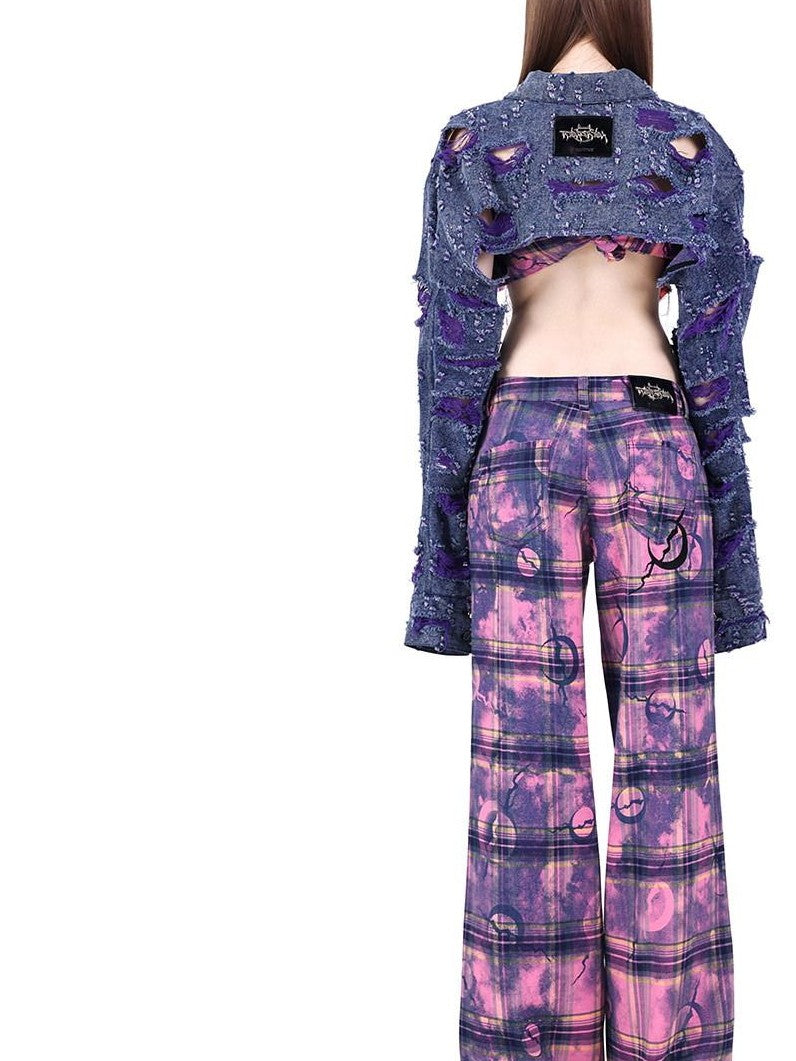 PINKSPINK Dusty Pink Plaid Metallic Structure Zipper Low Rise Women's Straight-leg Pants