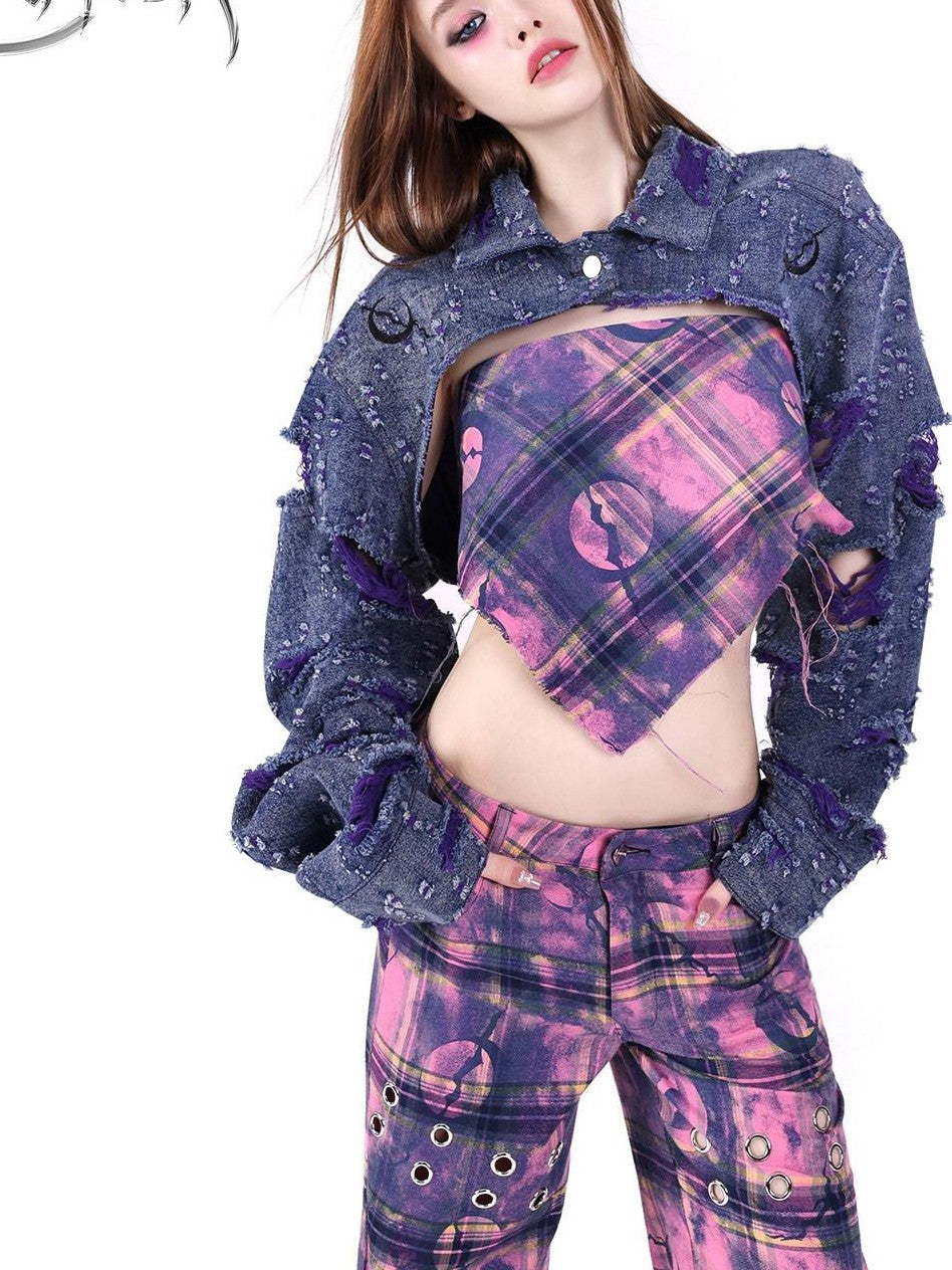 PINKSPINK Dusty Pink Plaid Metallic Structure Zipper Low Rise Women's Straight-leg Pants