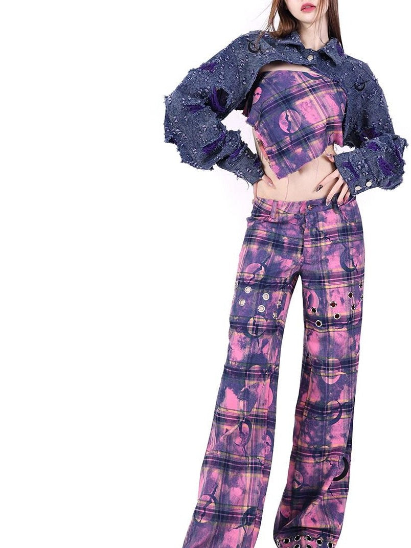 PINKSPINK Dusty Pink Plaid Metallic Structure Zipper Low Rise Women's Straight-leg Pants