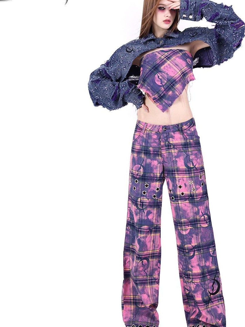PINKSPINK Dusty Pink Plaid Metallic Structure Zipper Low Rise Women's Straight-leg Pants