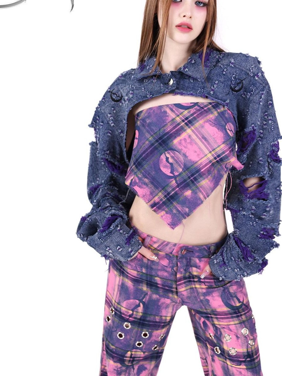 PINKSPINK Dusty Pink Plaid Metallic Structure Zipper Low Rise Women's Straight-leg Pants