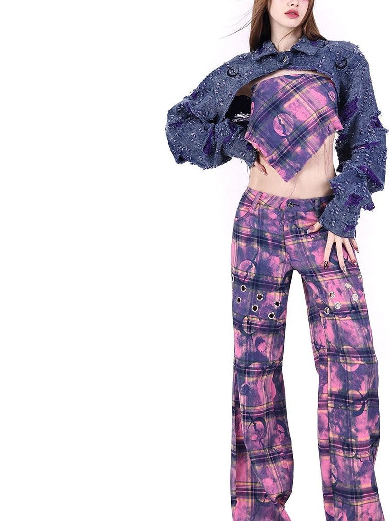 PINKSPINK Dusty Pink Plaid Metallic Structure Zipper Low Rise Women's Straight-leg Pants