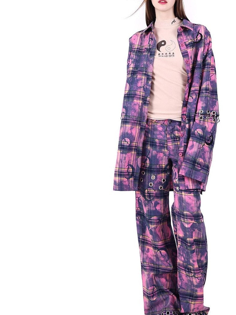 PINKSPINK Dusty Pink Plaid Metallic Structure Zipper Low Rise Women's Straight-leg Pants
