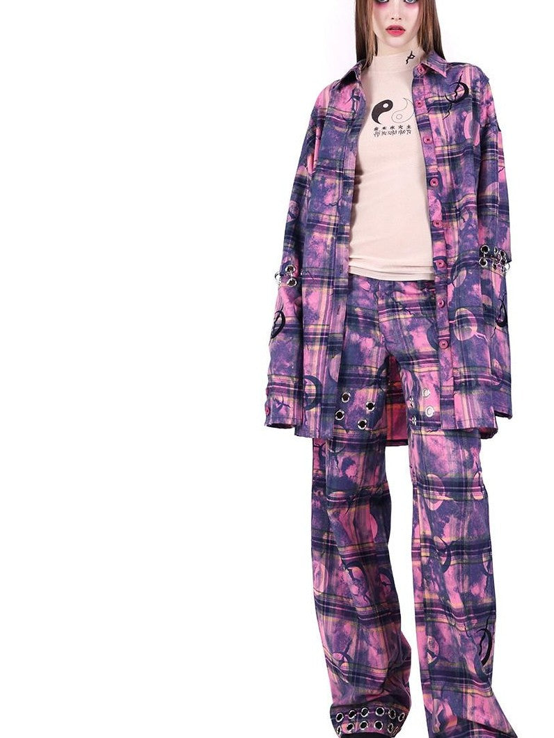 PINKSPINK Dusty Pink Plaid Metallic Structure Zipper Low Rise Women's Straight-leg Pants