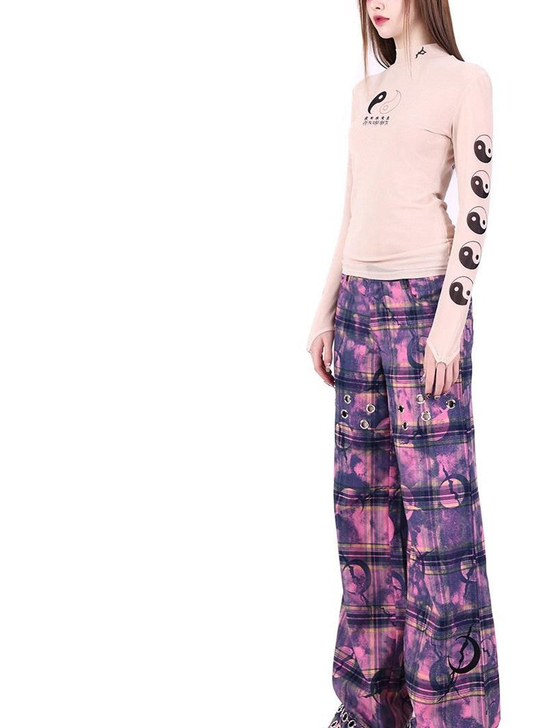 PINKSPINK Dusty Pink Plaid Metallic Structure Zipper Low Rise Women's Straight-leg Pants