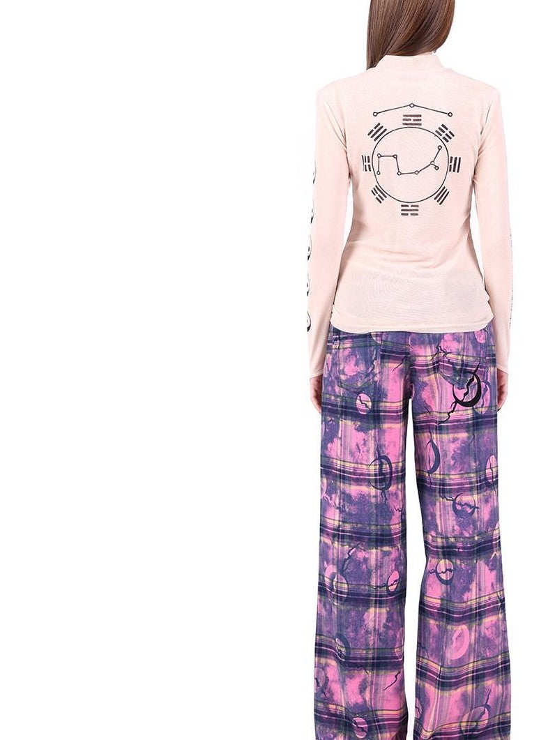 PINKSPINK Dusty Pink Plaid Metallic Structure Zipper Low Rise Women's Straight-leg Pants