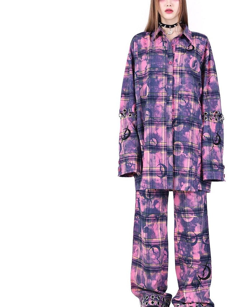 PINKSPINK Dusty Pink Plaid Metallic Structure Zipper Low Rise Women's Straight-leg Pants