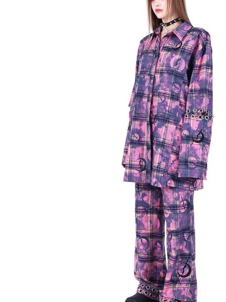PINKSPINK Dusty Pink Plaid Metallic Structure Zipper Low Rise Women's Straight-leg Pants