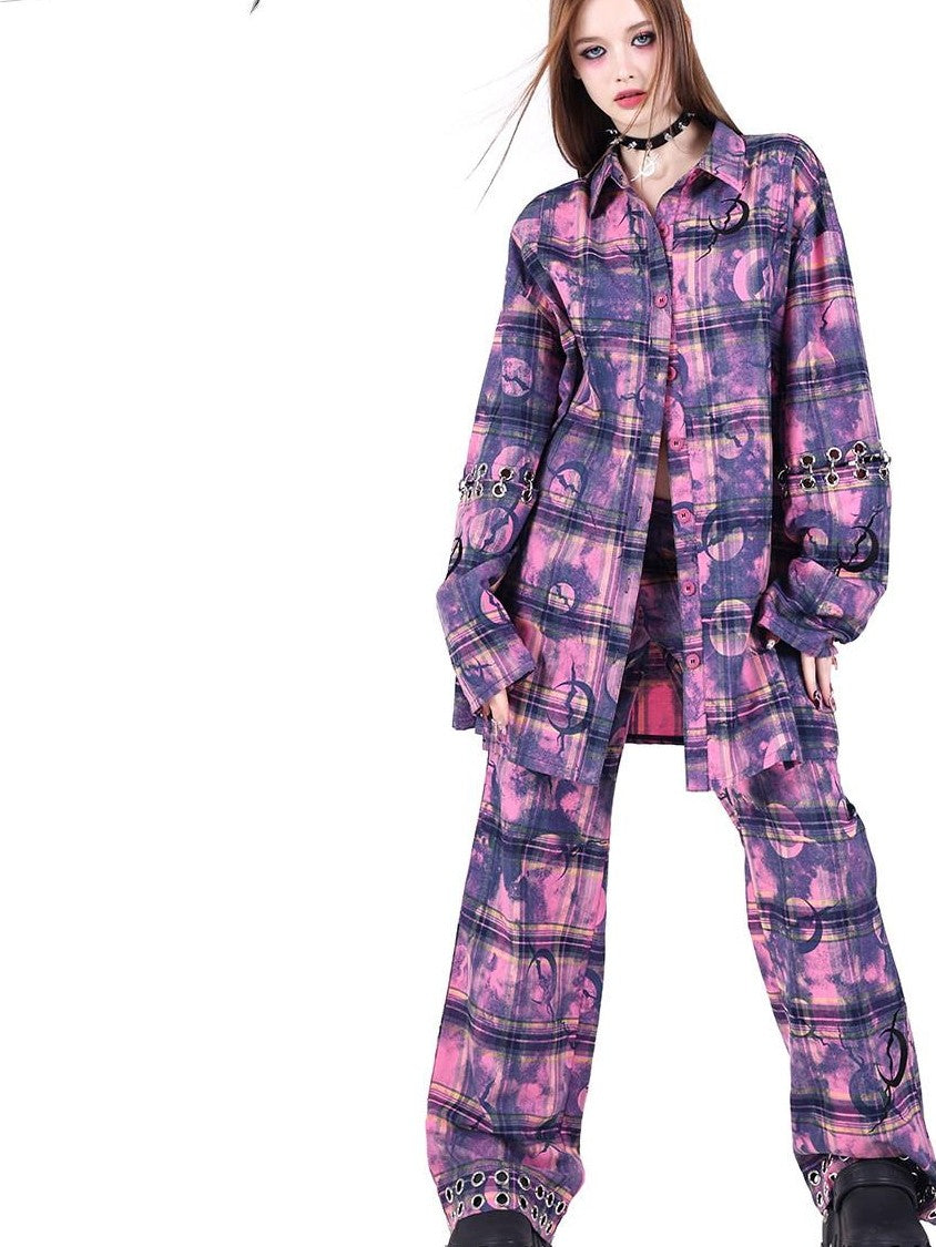PINKSPINK Dusty Pink Plaid Metallic Structure Zipper Low Rise Women's Straight-leg Pants