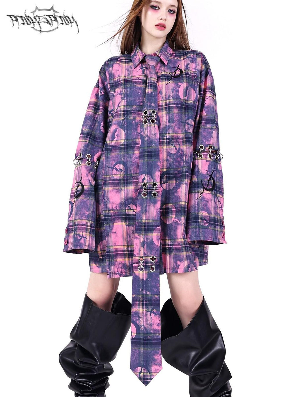 PINKSPINK Dusty Pink Structural Connected Arrow Plaid Women's Extra Long Neckties