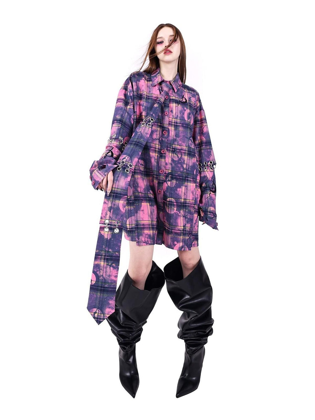 PINKSPINK Dusty Pink Structural Connected Arrow Plaid Women's Extra Long Neckties