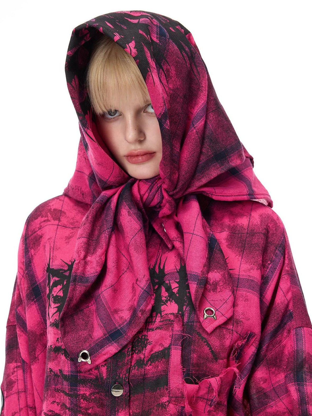 PINKSPINK Dusty Pink Studded Distressed Punk Plaid Women's Cotton Blend Overshirts