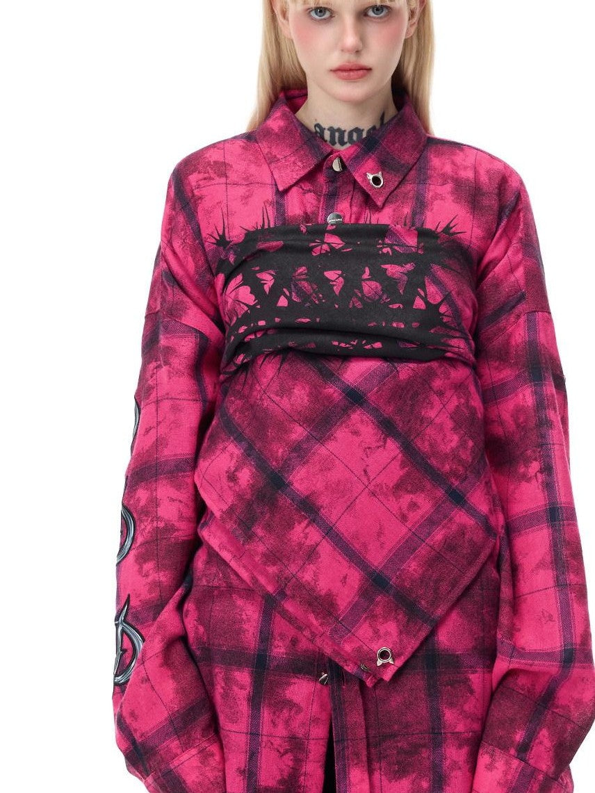PINKSPINK Dusty Pink Studded Distressed Punk Plaid Women's Cotton Blend Overshirts