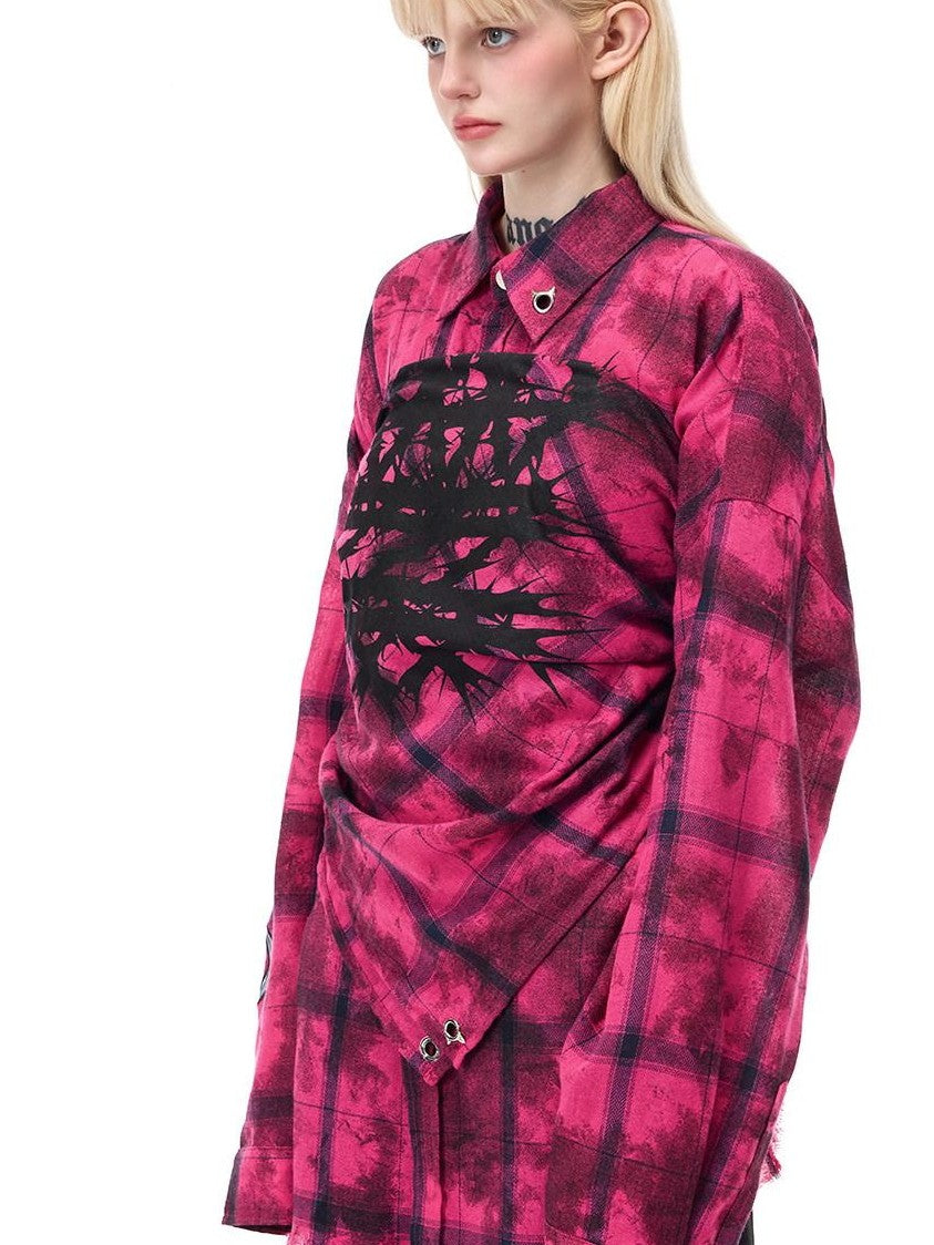 PINKSPINK Dusty Pink Studded Distressed Punk Plaid Women's Cotton Blend Overshirts